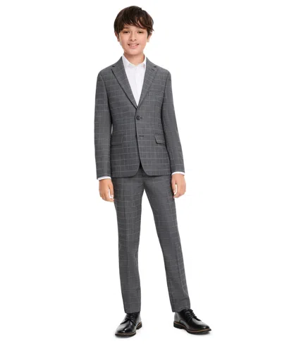 Kenneth Cole Reaction Kids' Boys' Windowpane Slim-fit Single-breasted Jacket And Pants, 2-piece Set In Gray