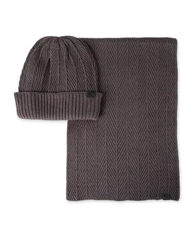 Kenneth Cole Reaction Men's Ribbed Herringbone Beanie & Scarf Set In Charcoal