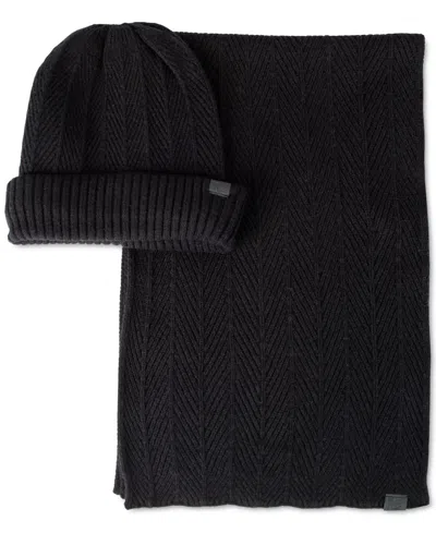Kenneth Cole Reaction Men's Ribbed Herringbone Beanie & Scarf Set In Black