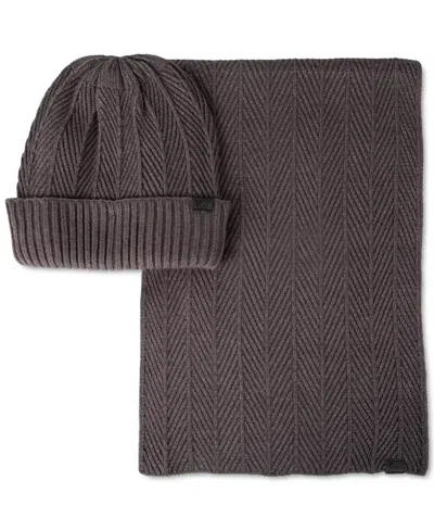 Kenneth Cole Reaction Men's Ribbed Herringbone Beanie & Scarf Set In Charcoal