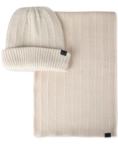 Kenneth Cole Reaction Men's Ribbed Herringbone Beanie & Scarf Set In Cream