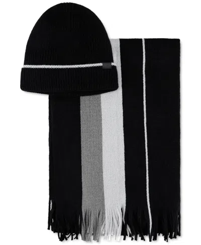 Kenneth Cole Reaction Men's Stripe Beanie & Scarf Set In Black