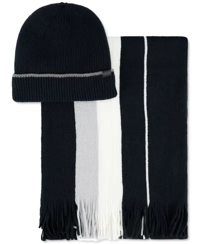 Kenneth Cole Reaction Men's Stripe Beanie & Scarf Set In Navy