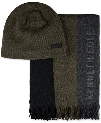 Kenneth Cole Reaction Men's Stripe Logo Scarf & Beanie In Brown