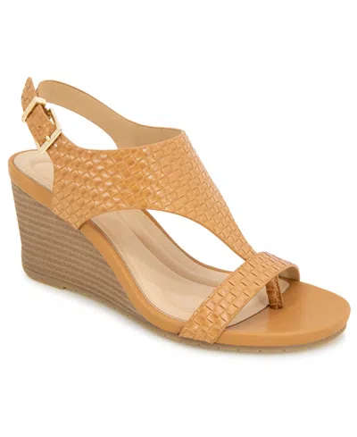 Kenneth Cole Reaction Women's Greatly Thong Almond Toe Wedge Sandals In Tan Woven