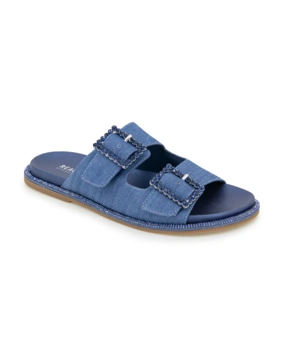 Kenneth Cole Reaction Women's Sydney Two Band Jewel Buckle Flat Sandals In Denim