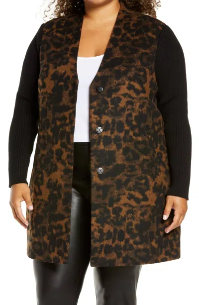 Kenneth Cole Rib Sleeve Double Face Coat In Black Leopard In Brown