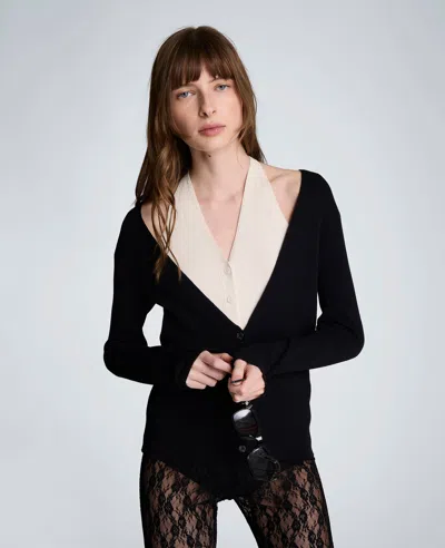 Kenneth Cole Ribbed Halter Button Front Sweater In Black