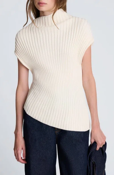 Kenneth Cole Ribbed Mock Neck Asymmetric Hem Top In White