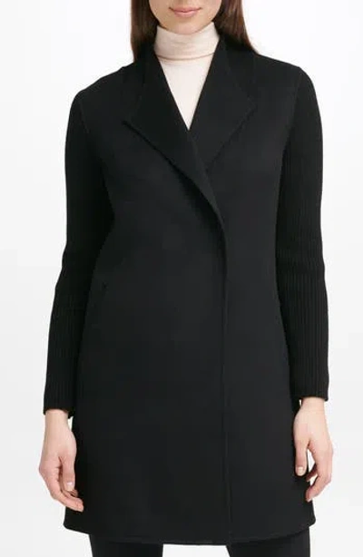 Kenneth Cole Ribbed Sleeve Wool Blend Coat In Black