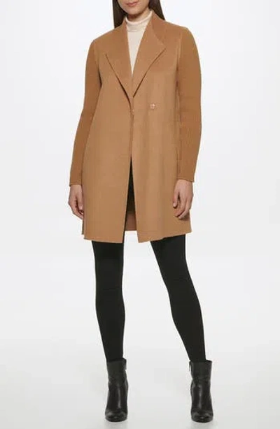 Kenneth Cole Ribbed Sleeve Wool Blend Coat In Brown