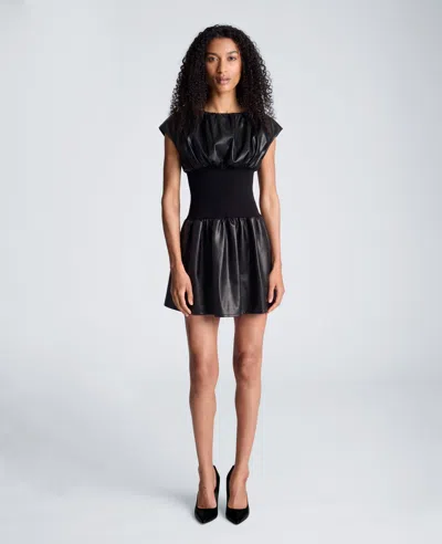 Kenneth Cole Ribbed Waist Vegan Leather Ribbed Mini Dress In Black