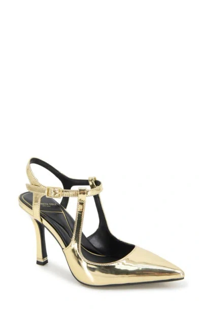 Kenneth Cole Romi Ankle Strap Pointed Toe Pump In Metallic Gold
