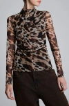 Kenneth Cole Long Sleeve Animal Printed Center Front Turtleneck Knit Ruched Top In Brown
