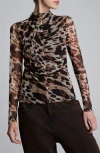 Kenneth Cole Long Sleeve Animal Printed Center Front Turtleneck Knit Ruched Top In Multi