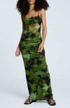 Kenneth Cole Ruched Mesh Maxi Dress In Green