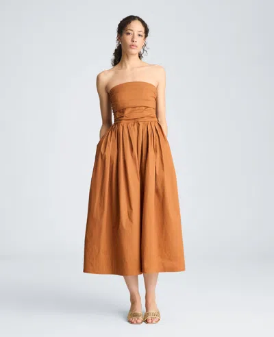 Kenneth Cole Ruched Strapless Midi Dress In Brown
