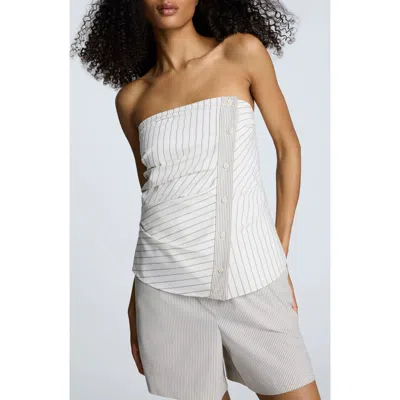 Kenneth Cole Cotton Stripe Strapless Rouched Fitted Bustier Top In Gray
