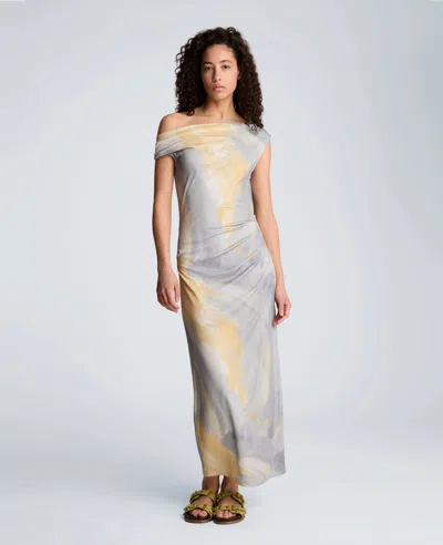 Kenneth Cole Ruched Waist Midi Off-the-shoulder Dress In Multi