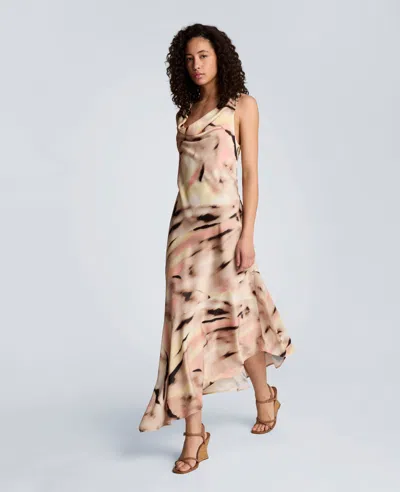 Kenneth Cole Satin Asymmetrical Hem Cowl Neck Dress In Multi