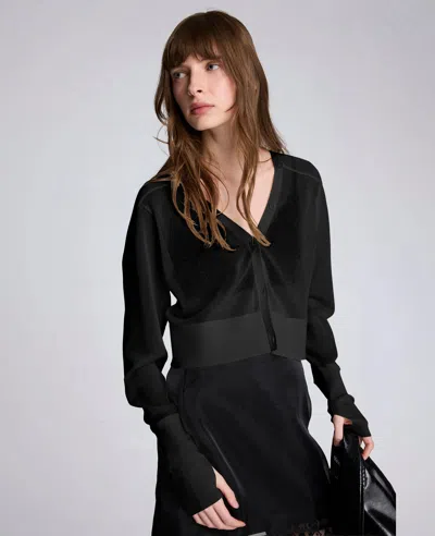 Kenneth Cole Sheer Cropped Cardigan With Saddle Shoulders In Black