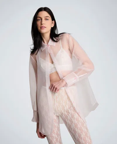 Kenneth Cole Sheer Organza Oversized Button Front Long Sleeve Shirt In White