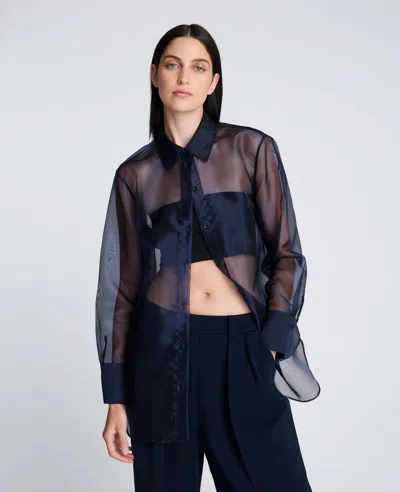 Kenneth Cole Sheer Organza Oversized Button Front Shirt In Blue