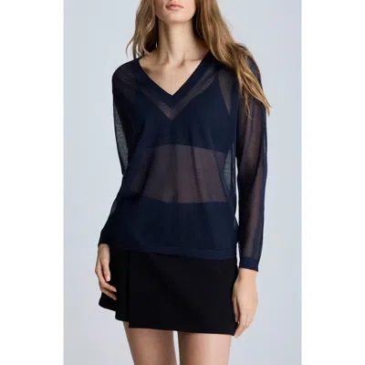 Kenneth Cole Sheer Oversize V-neck Sweater In Dark Navy