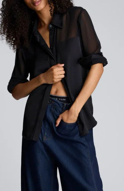 Kenneth Cole Sheer Satin Trim Shirt In Black