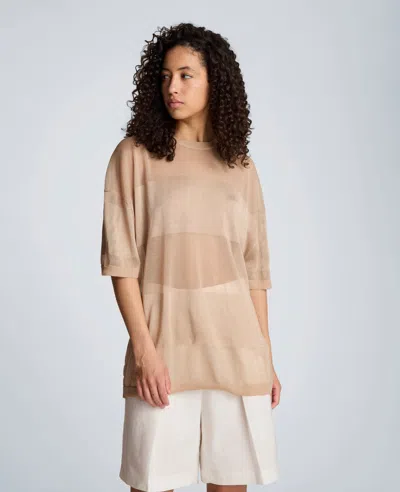 Kenneth Cole Shiny Semi Sheer Stripe Crew Neck In Brown