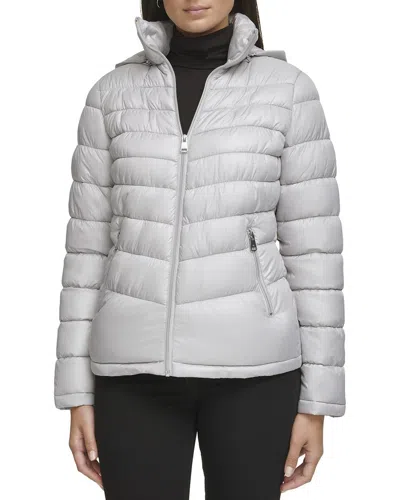 Kenneth Cole Short Zip Puffer Coat In Metallic