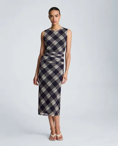 Kenneth Cole Ruched Plaid Midi Dress In Black
