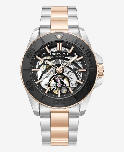 Kenneth Cole Skeleton Automatic Black Contrast Dial Two Tone Bracelet Watch In Metallic