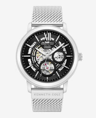 Kenneth Cole Skeleton Automatic Black Dial Stainless Steel Mesh Strap Watch In Metallic