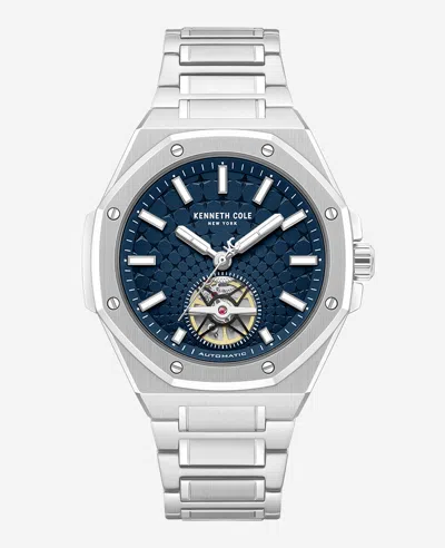 Kenneth Cole Skeleton Automatic Blue Dial Stainless Steel Bracelet Watch In Metallic