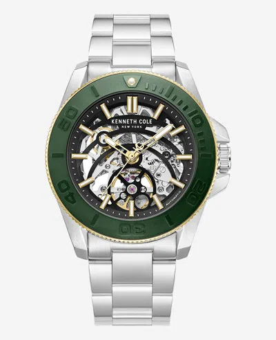 Kenneth Cole Skeleton Automatic Green Contrast Dial Bracelet Watch In Silver