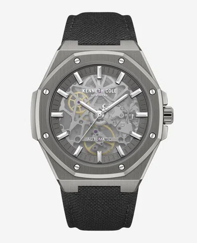 Kenneth Cole Skeleton Automatic Nylon Strap Watch In Black