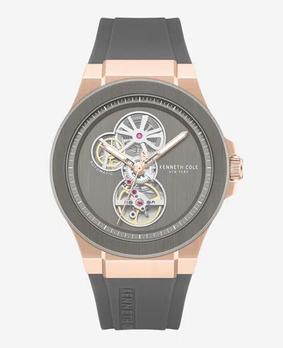 Kenneth Cole Skeleton Automatic Rose Gold Silicone Strap Watch In Gray