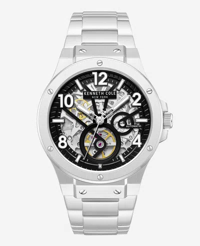 Kenneth Cole Skeleton Automatic Silver-ip Black Dial Stainless Steel Bracelet Watch In Metallic