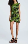 Kenneth Cole Printed Mesh Side Rouched Pullover Faux Wrap Mini Dress In Green