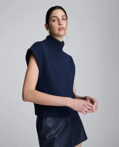 Kenneth Cole Sleeveless Mockneck Sweater With Shoulder Pads In Blue