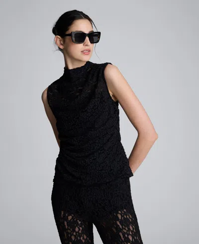 Kenneth Cole Sleeveless Stretch Lace Mock Neck Top In Black