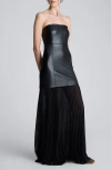 Kenneth Cole Faux Leather Mixed Media Pleated Maxi Dress In Black