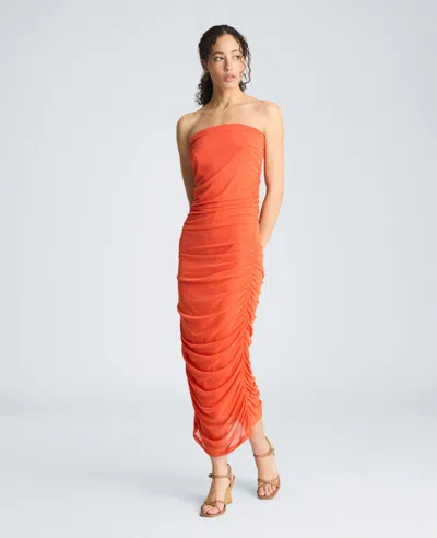 Kenneth Cole Strapless Ruched Midi Dress In Orange