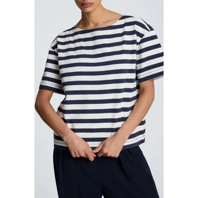 Kenneth Cole Stripe Boatneck Cotton T-shirt In White