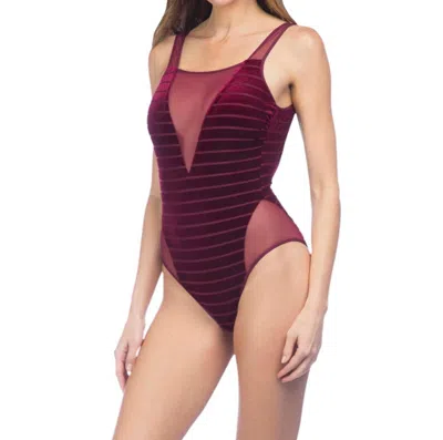 Kenneth Cole Stripe Mesh High Leg One Piece Swimsuit In Burgundy Velvet In Red