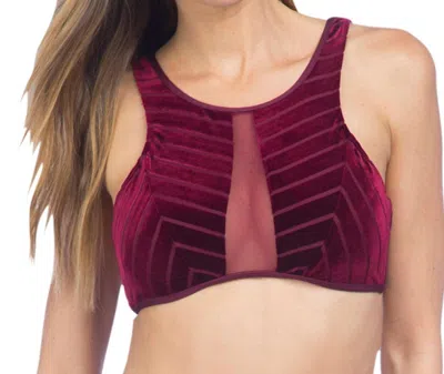 Kenneth Cole Stripe Mesh High Neck Bikini Top In Burgundy Velvet