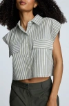Kenneth Cole Cotton Poplin Stripe Sleeveless Crop Button Front Top In Green