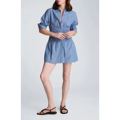 Kenneth Cole Stripe Smocked Detail Mini Shirtdress In Blue