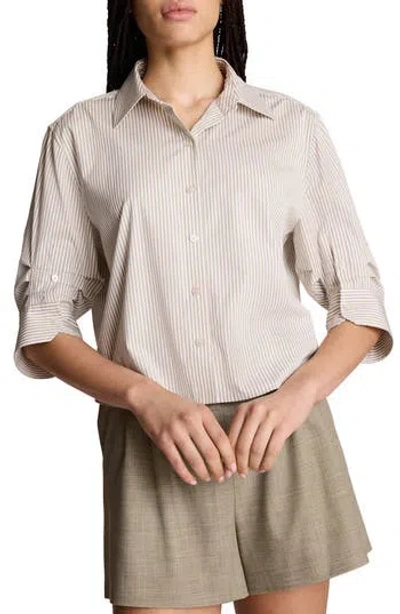 Kenneth Cole Striped Cropped Shirt With Pleated Three-quarter Sleeves In Neutral